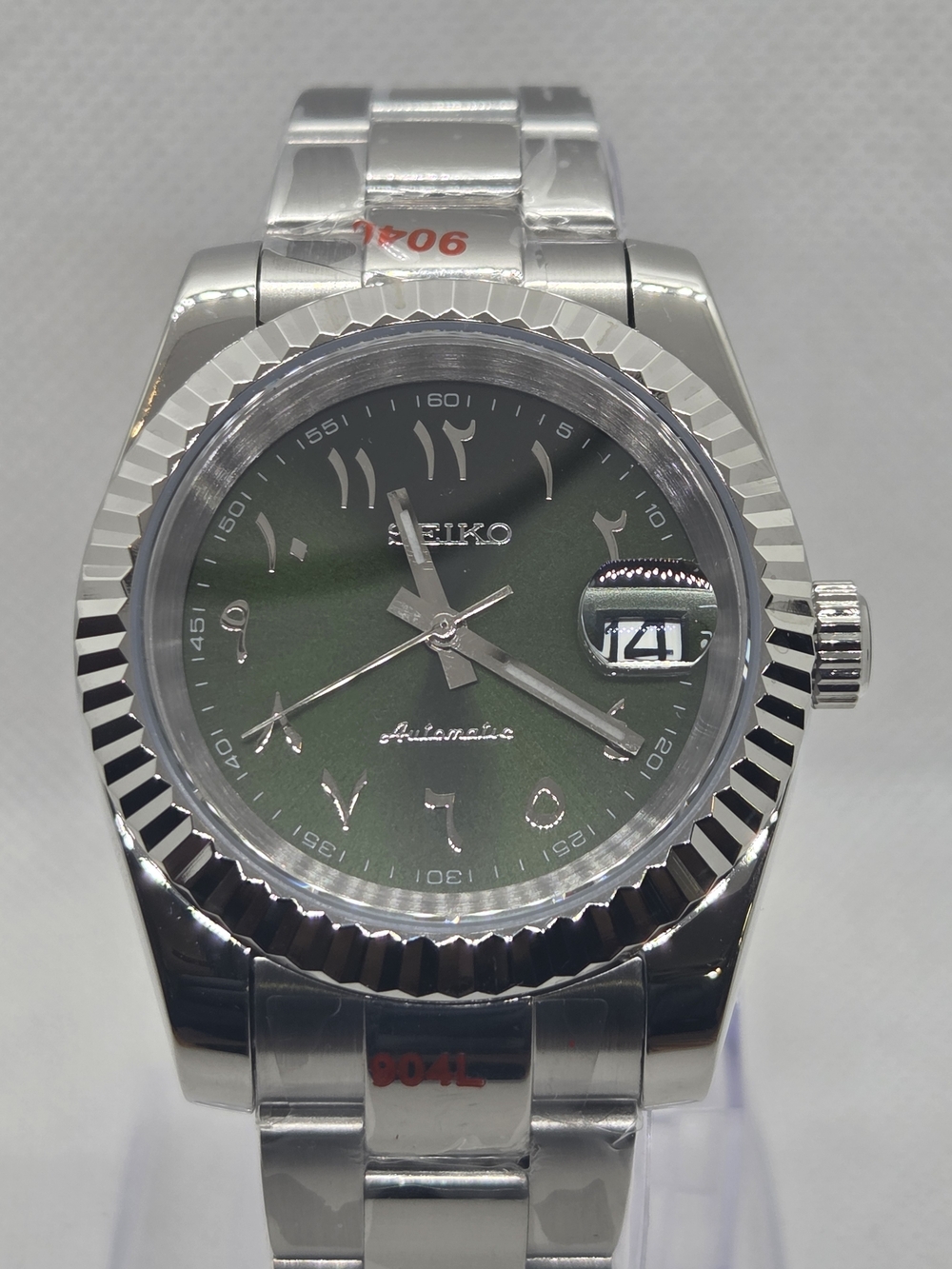 Custom 39mm Automatic Seiko Mod Watch Stainless Steel Datejust Green Arabic Dial